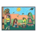 wall art, original artwork, watercolor, picnic, nature, friendship, folk art, Indian traditional art, kite, sun, birds, games
