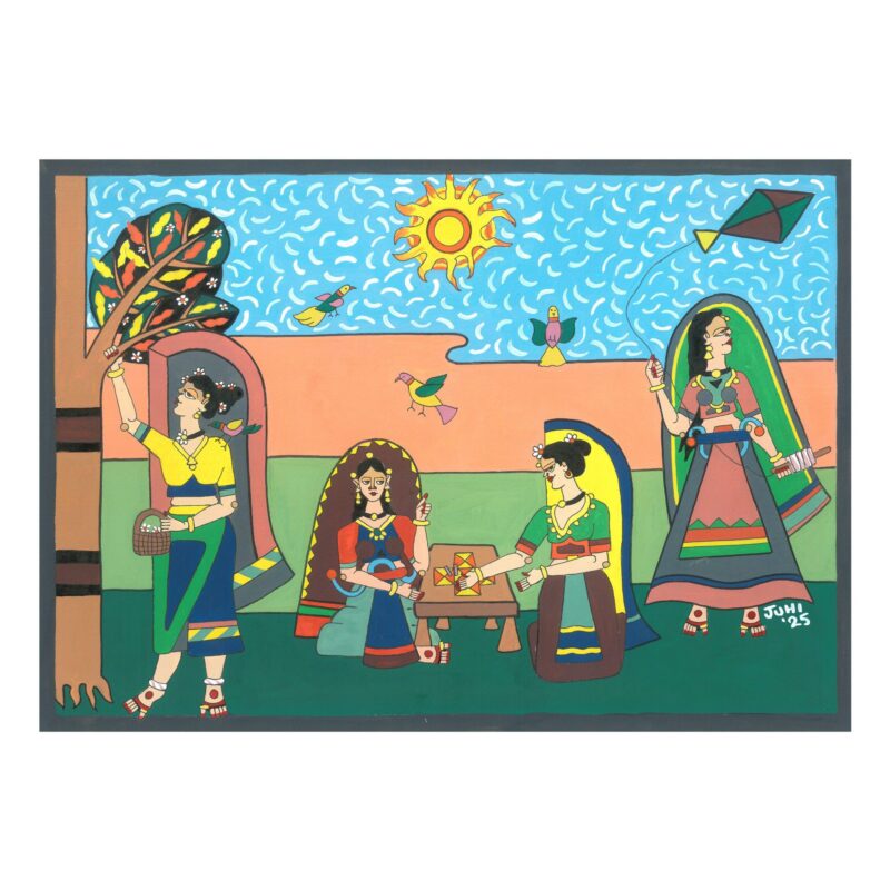 wall art, original artwork, watercolor, picnic, nature, friendship, folk art, Indian traditional art, kite, sun, birds, games