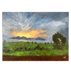 Oil painting, original wall art, home decor, skycap, friendship theme, sunset, landscape, trees, nature, dramatic