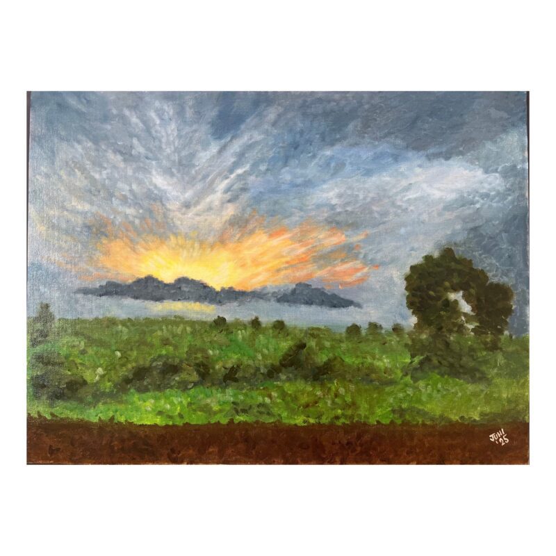 Oil painting, original wall art, home decor, skycap, friendship theme, sunset, landscape, trees, nature, dramatic