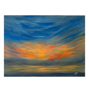 landscape, skyscrape, colourful acrylic wall art, yellow, orange, blue, sunset, light