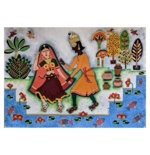 Indian folk art, original wall art, trees, nature, river, lotus, Radha Krishna, watercolor