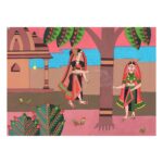 artwork, original art, wall art, folk art, traditional art, watercolor, Indian village life, nature, harmony, customs and traditions, trees, birds, temple, river