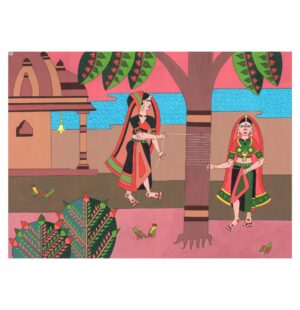 artwork, original art, wall art, folk art, traditional art, watercolor, Indian village life, nature, harmony, customs and traditions, trees, birds, temple, river