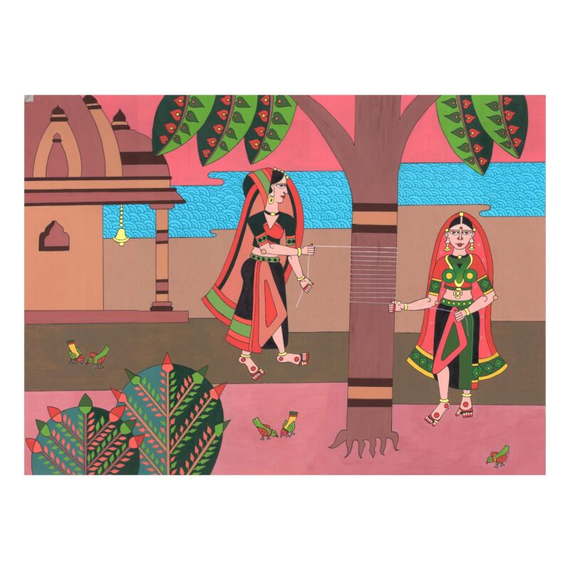 artwork, original art, wall art, folk art, traditional art, watercolor, Indian village life, nature, harmony, customs and traditions, trees, birds, temple, river