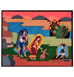 original wall art, watercolour, folk art, traditional art, Indian village life, toys, river, nature, trees, home decor