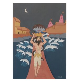 original wall art, watercolour artwork, Lord Krishna, mythology, moon, night scene, river