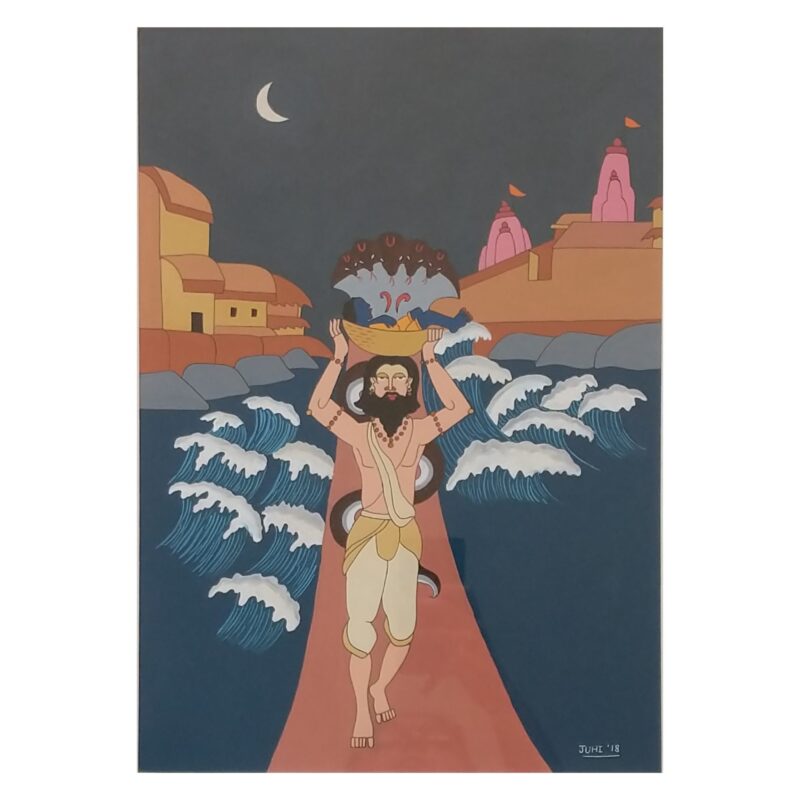 original wall art, watercolour artwork, Lord Krishna, mythology, moon, night scene, river