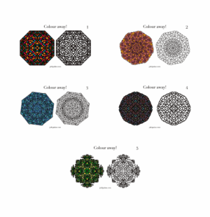 colouring sheet bundle, set of 5, colourful downloadable product, mosaic, kaleidoscope, fruit, flower, maze