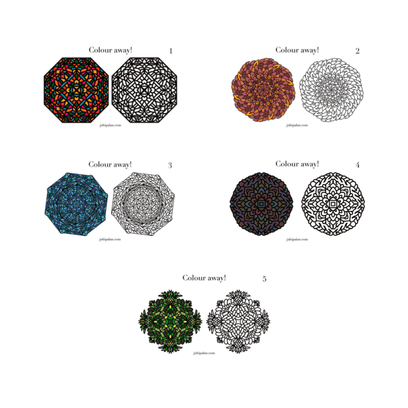 colouring sheet bundle, set of 5, colourful downloadable product, mosaic, kaleidoscope, fruit, flower, maze