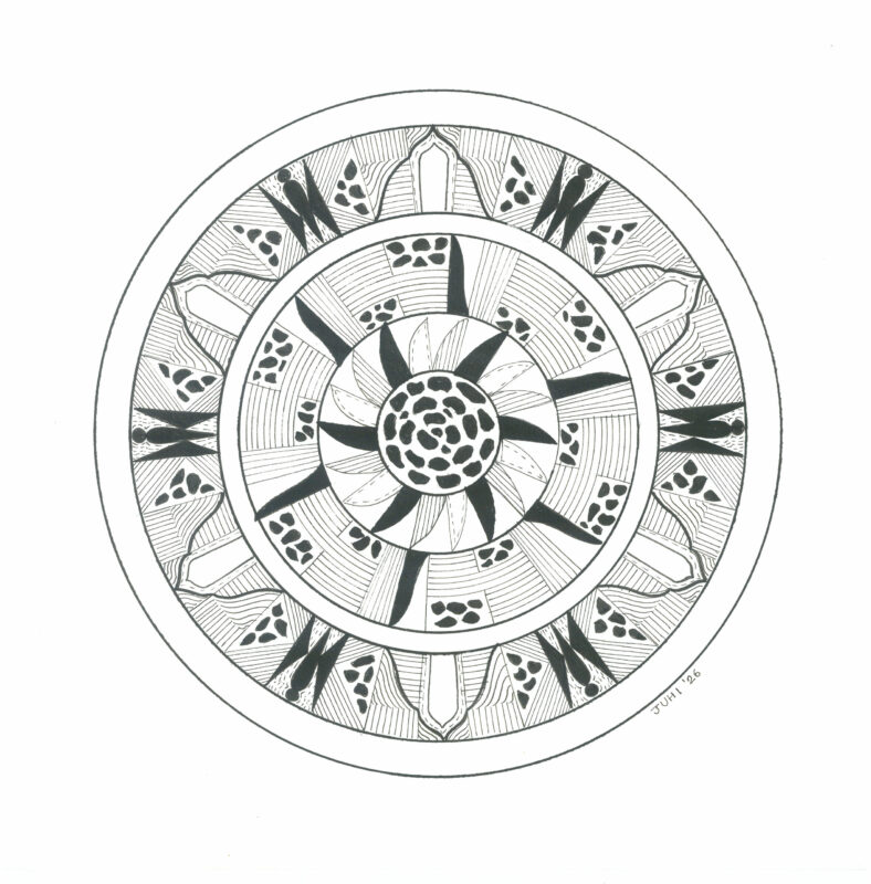 bells and butterflies, artwork product image, pen and ink mandala, original wall art