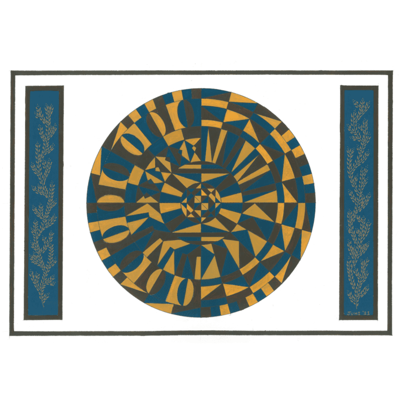 mandala wall art, original art, yellow, blue, shapes, patterns, pens, watercolour